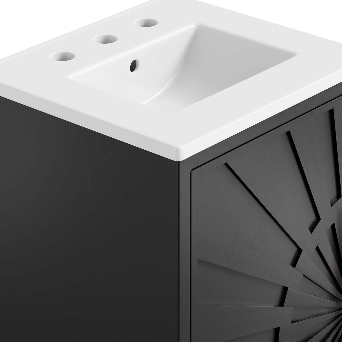 Textured sunburst door detail contrasts with the smooth, crisp-edged ceramic sink || EEI-6285-WHI-BLK || detail_studio