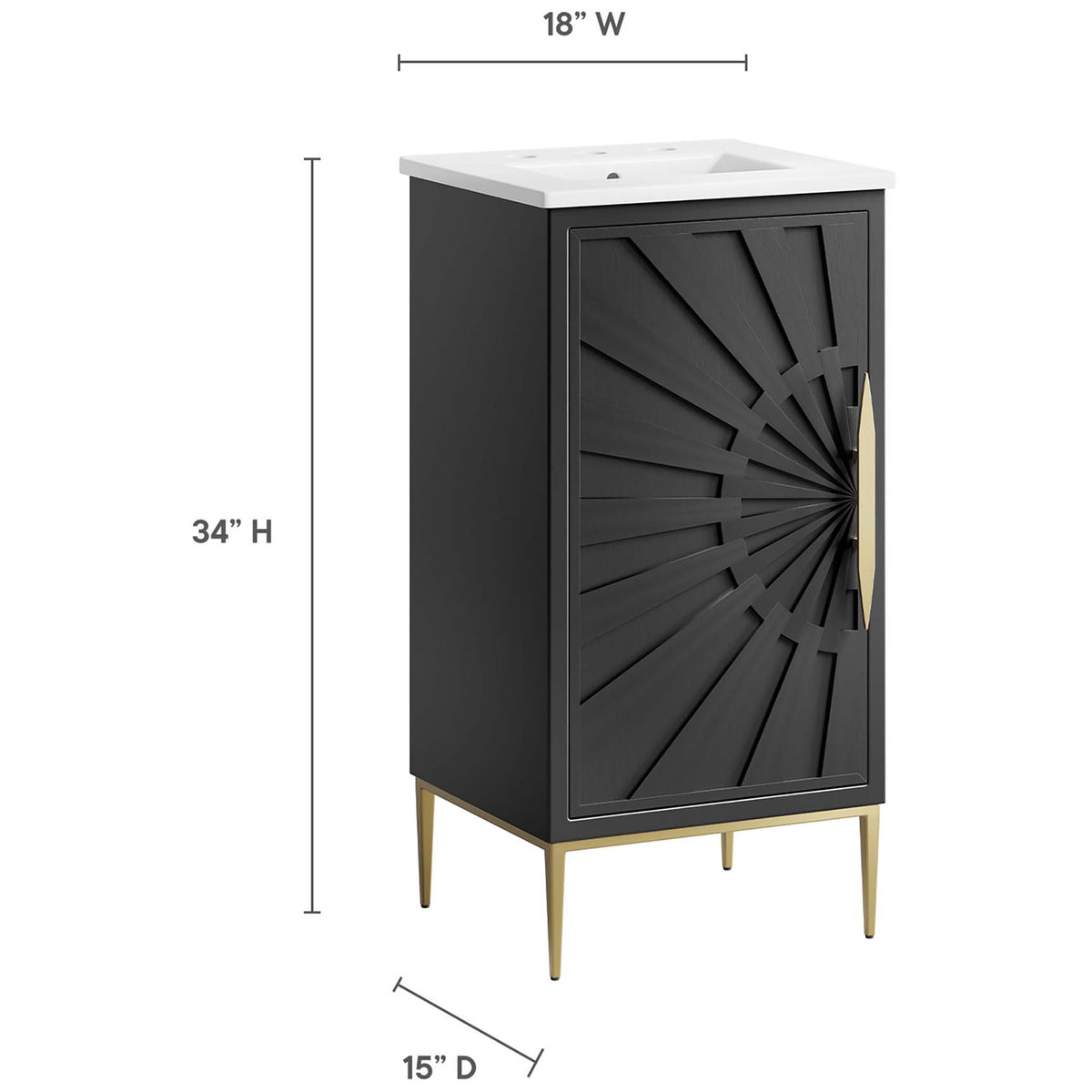 Compact 18 inch wide vanity shown with 34 inch height and 15 inch depth dimensions || EEI-6285-WHI-BLK || dimension_studio