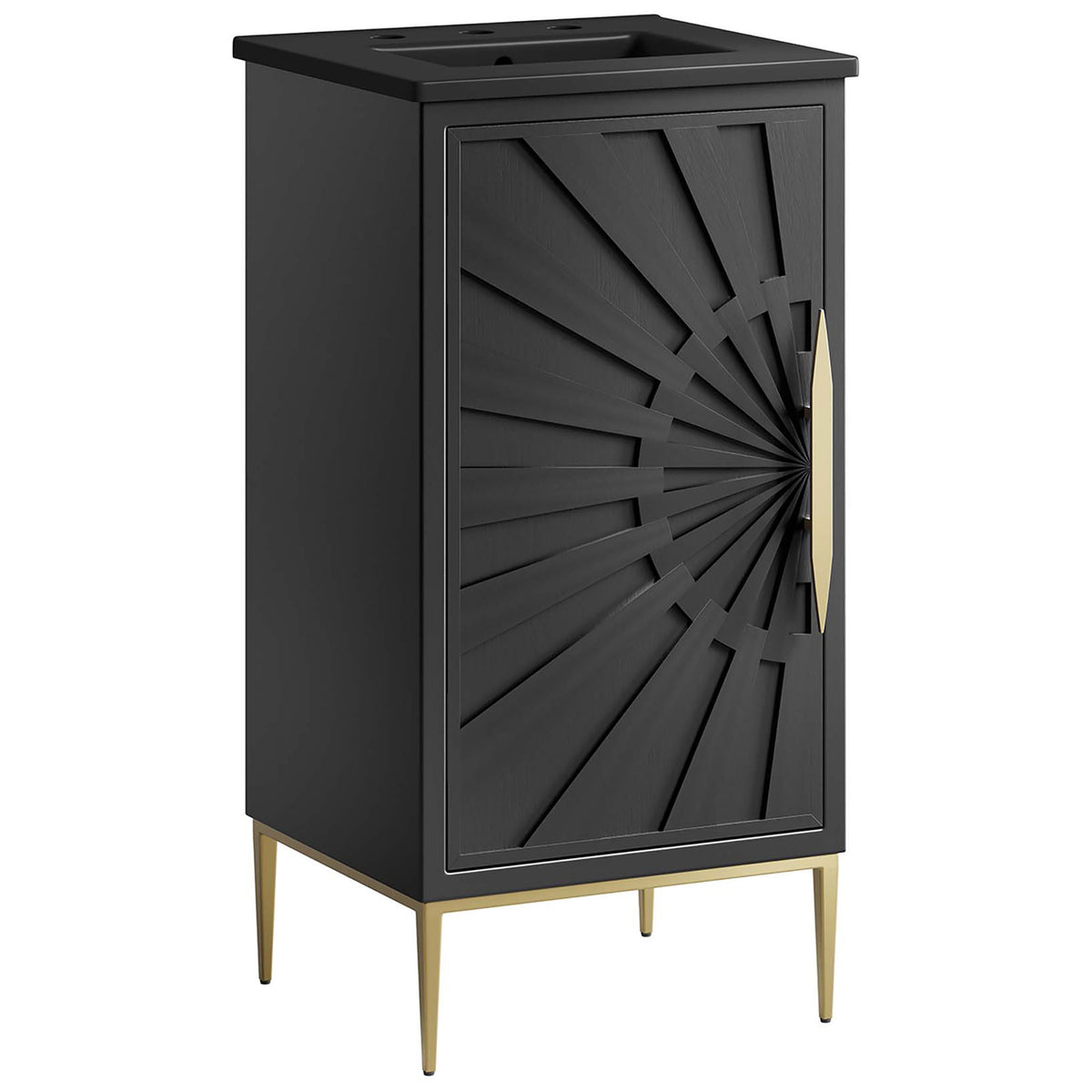 Compact black vanity with sunburst door, slim gold handle and legs, and integrated 3-hole sink || EEI-6287-BLK-BLK || front_angle_studio