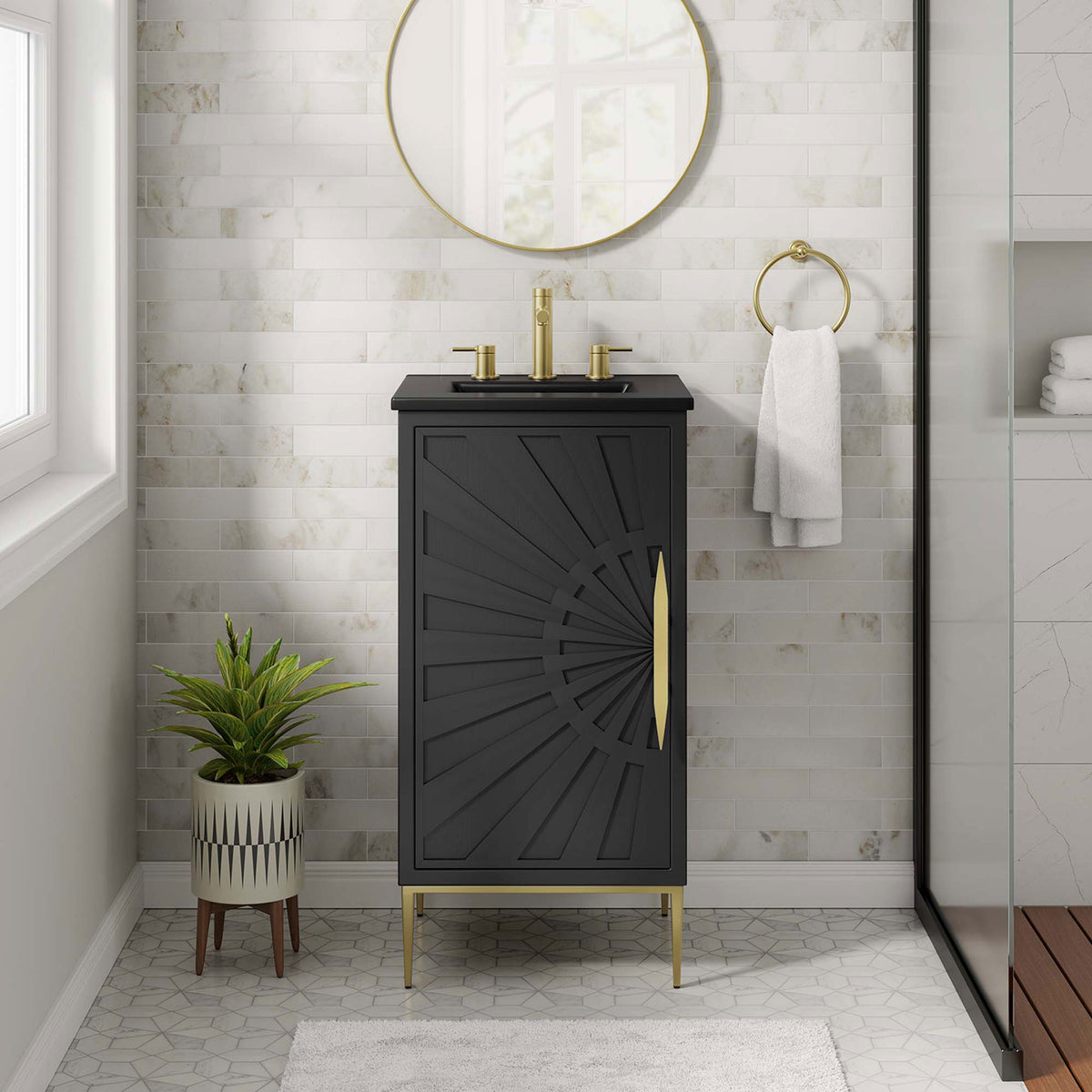 Modern black vanity with sunburst door and gold accents creates a bold focal point in the bath || EEI-6287-BLK-BLK || front_room