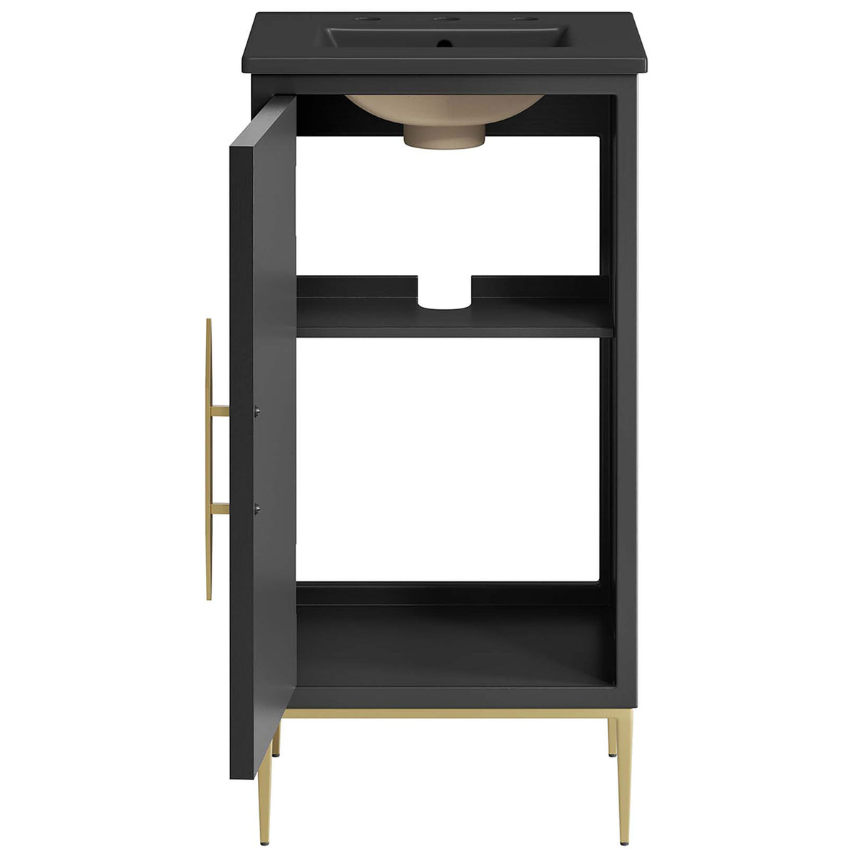 Spacious two-tier storage behind the door keeps towels and toiletries neatly organized || EEI-6287-BLK-BLK || front_open_studio
