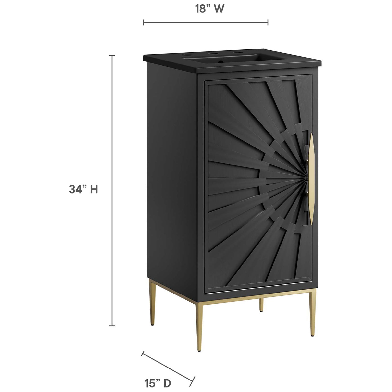Vanity measures 18 inch wide, 15 inch deep, and 34 inch high in a sleek black and gold design || EEI-6287-BLK-BLK || dimension_studio