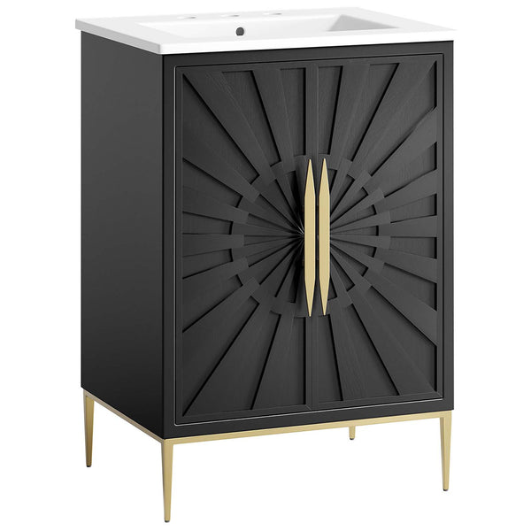 Modern cabinet showcases radiant door detailing and slim gold legs. || EEI-6289-WHI-BLK || front_angle_studio