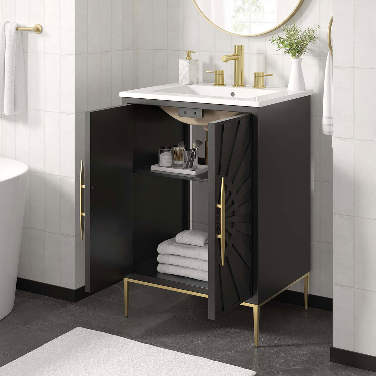 Room-ready design keeps towels and toiletries neatly within reach. || EEI-6289-WHI-BLK || front_angle_open_room