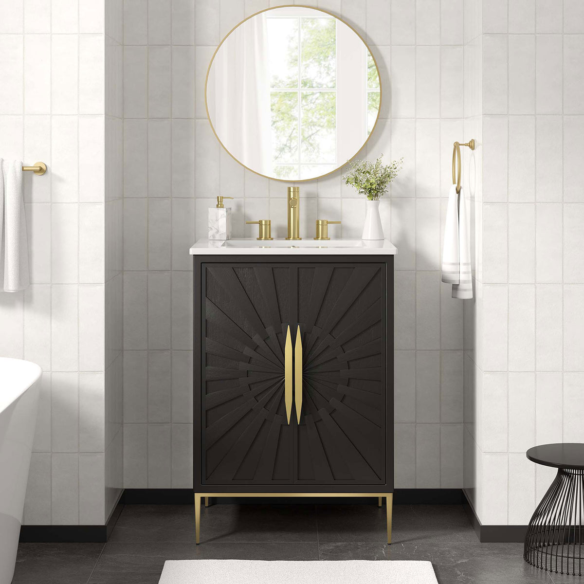Elevates the bath with bold geometry and warm metallic accents. || EEI-6289-WHI-BLK || front_room