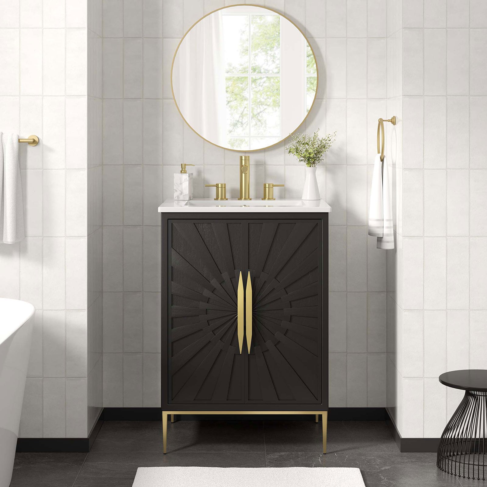 Elevates the bath with bold geometry and warm metallic accents. || EEI-6289-WHI-BLK || front_room