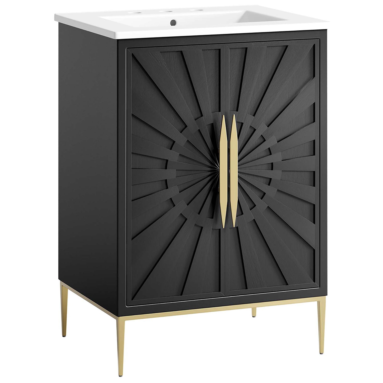 Modern cabinet showcases radiant door detailing and slim gold legs. || EEI-6289-WHI-BLK || front_angle_studio