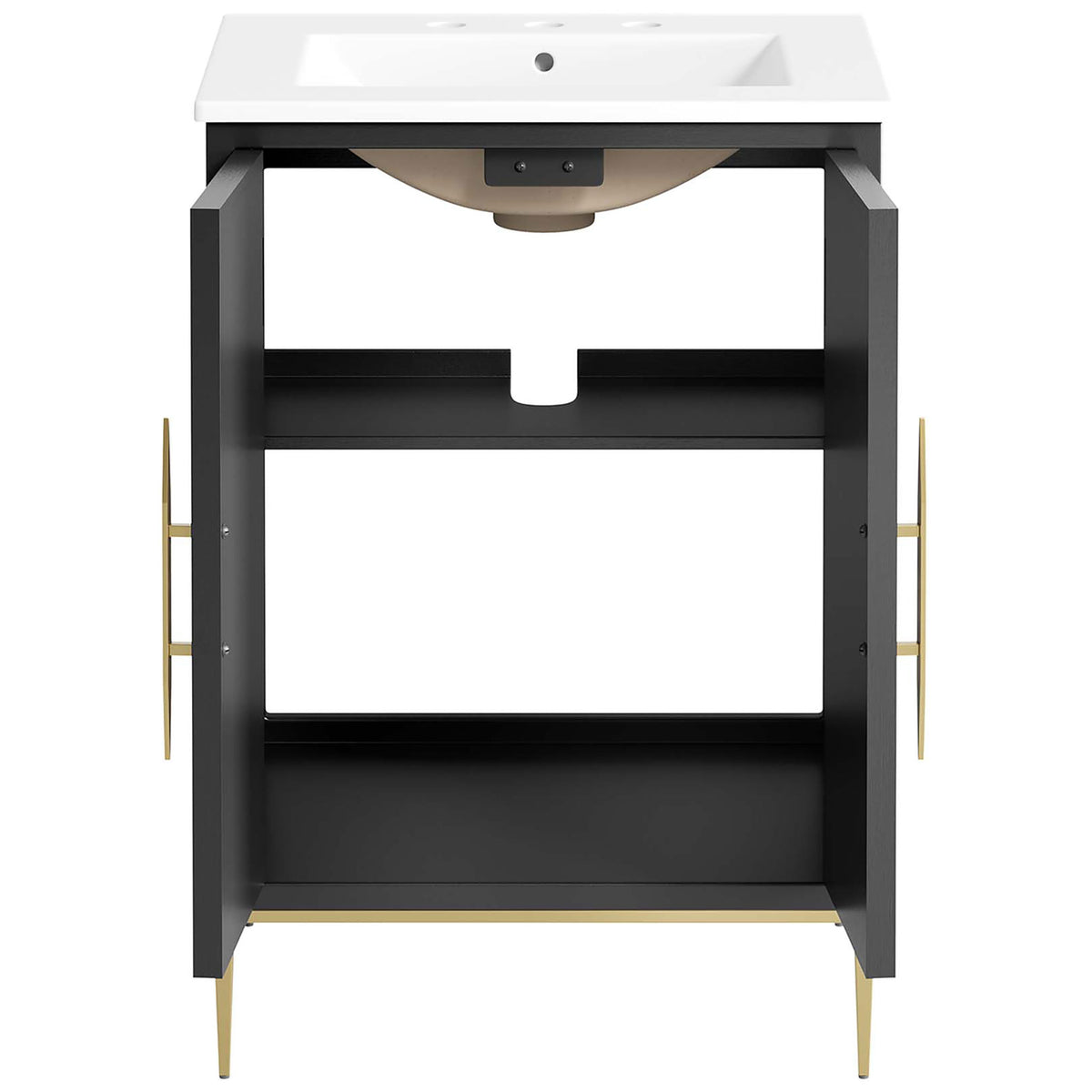 Double doors open to reveal generous two-level storage for bath essentials. || EEI-6289-WHI-BLK || front_open_studio