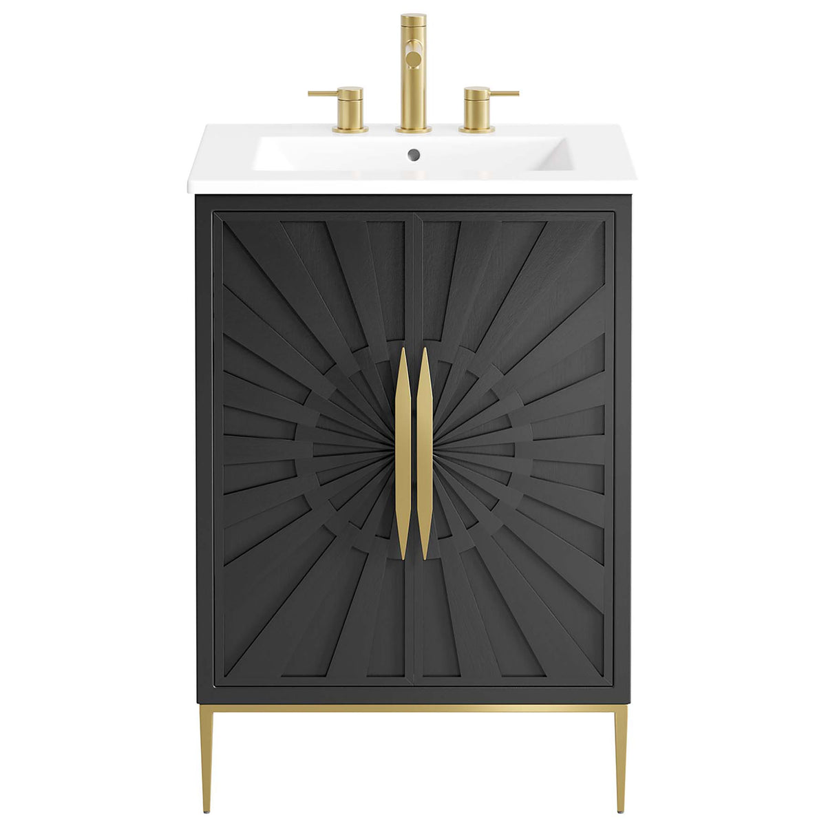 Bold black vanity with sunburst doors, gold pulls, and a glossy white ceramic top. || EEI-6289-WHI-BLK || front_studio
