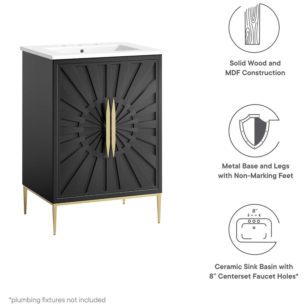 Durable build in solid wood and MDF with a metal base and ceramic basin. || EEI-6289-WHI-BLK || callout_studio