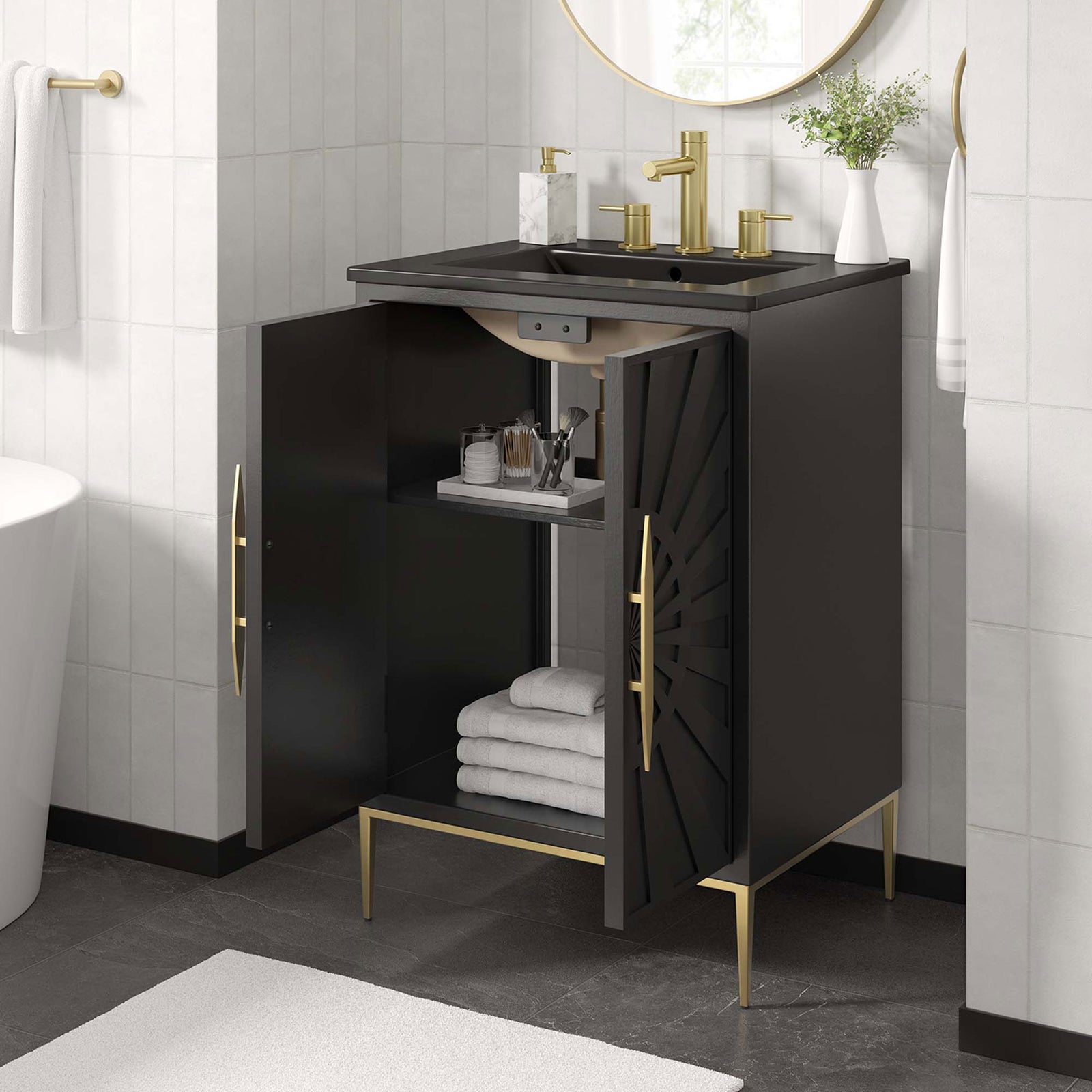 Stylish storage keeps toiletries tidy while gold accents add warmth to your bath retreat || EEI-6291-BLK-BLK || front_angle_open_room