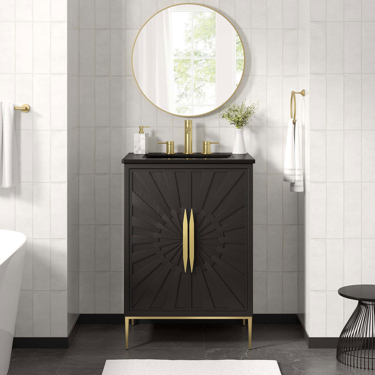 Refined black vanity anchors the bath with striking sunburst doors and gleaming gold accents || EEI-6291-BLK-BLK || front_room