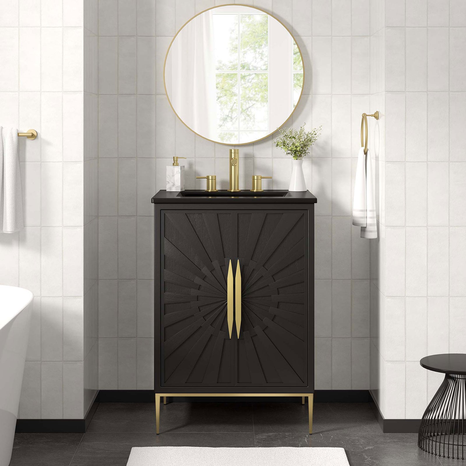 Refined black vanity anchors the bath with striking sunburst doors and gleaming gold accents || EEI-6291-BLK-BLK || front_room