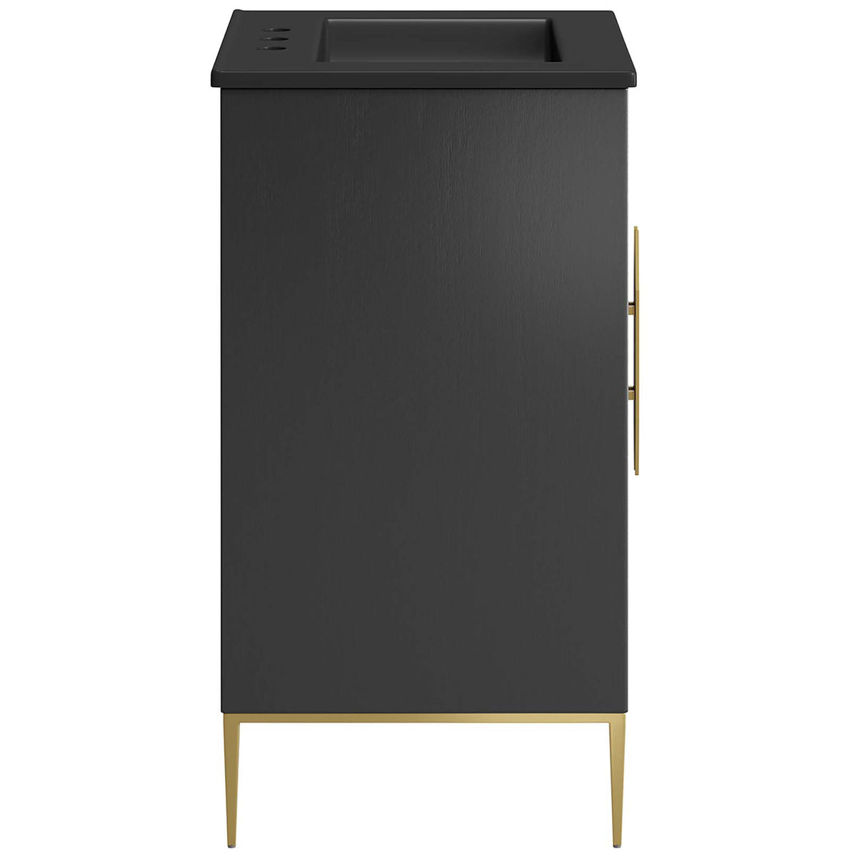 Smooth black finish and tapered gold legs lend refined contrast to this vanity || EEI-6291-BLK-BLK || side_studio