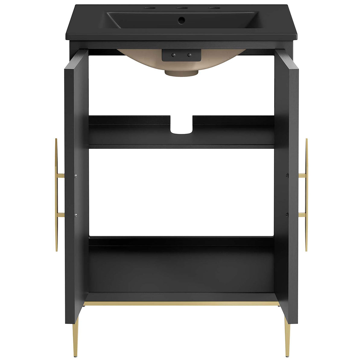 Double doors reveal generous shelving to organize towels and bath essentials || EEI-6291-BLK-BLK || front_open_studio