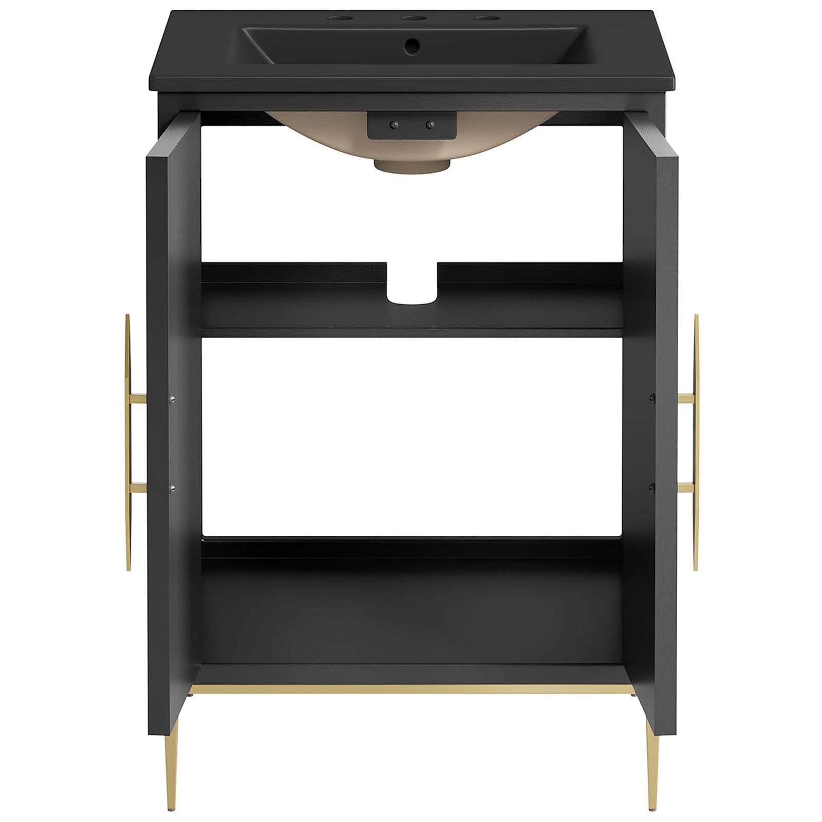 Double doors reveal generous shelving to organize towels and bath essentials || EEI-6291-BLK-BLK || front_open_studio