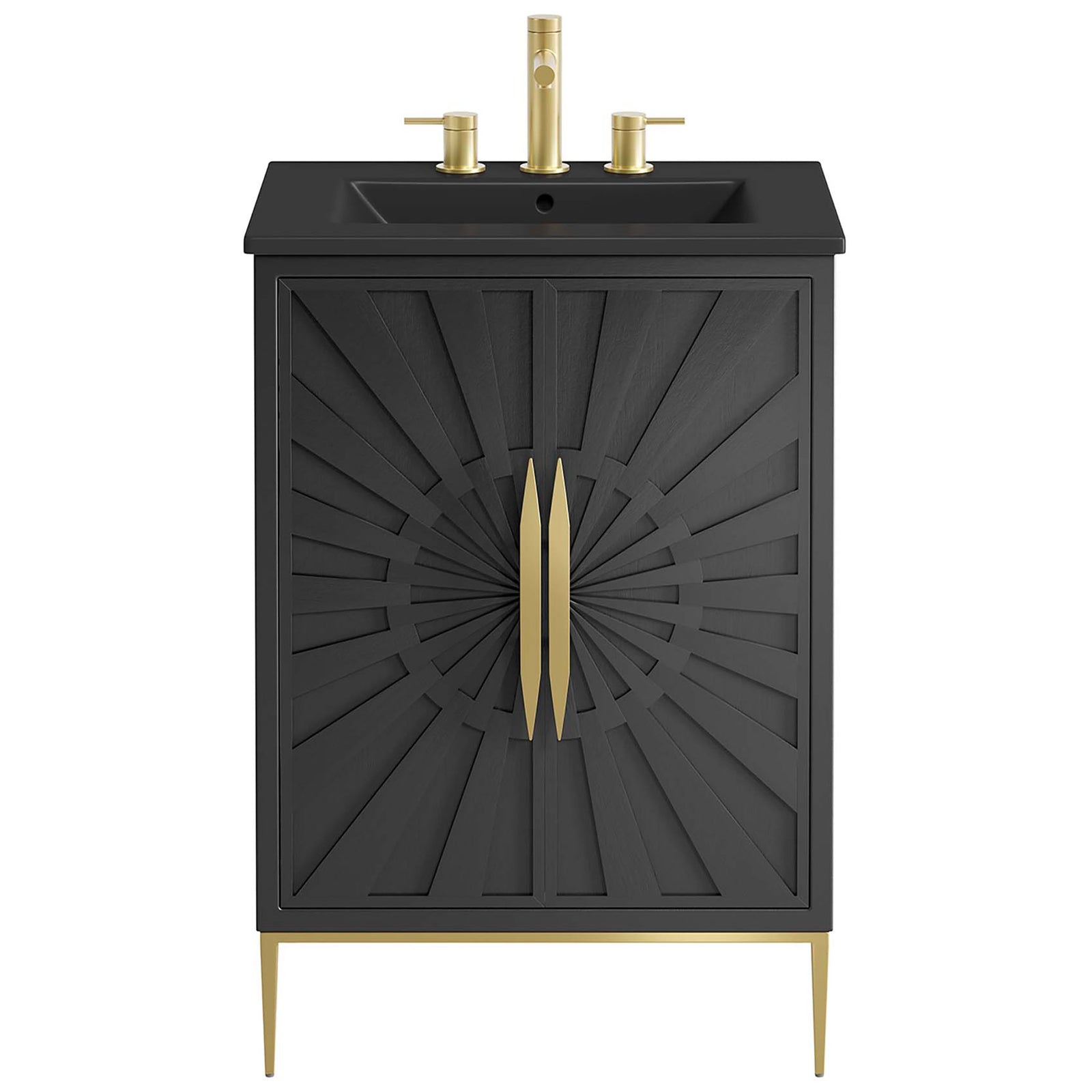 Dramatic radial door pattern and gold hardware elevate this black vanity with timeless glam || EEI-6291-BLK-BLK || front_studio