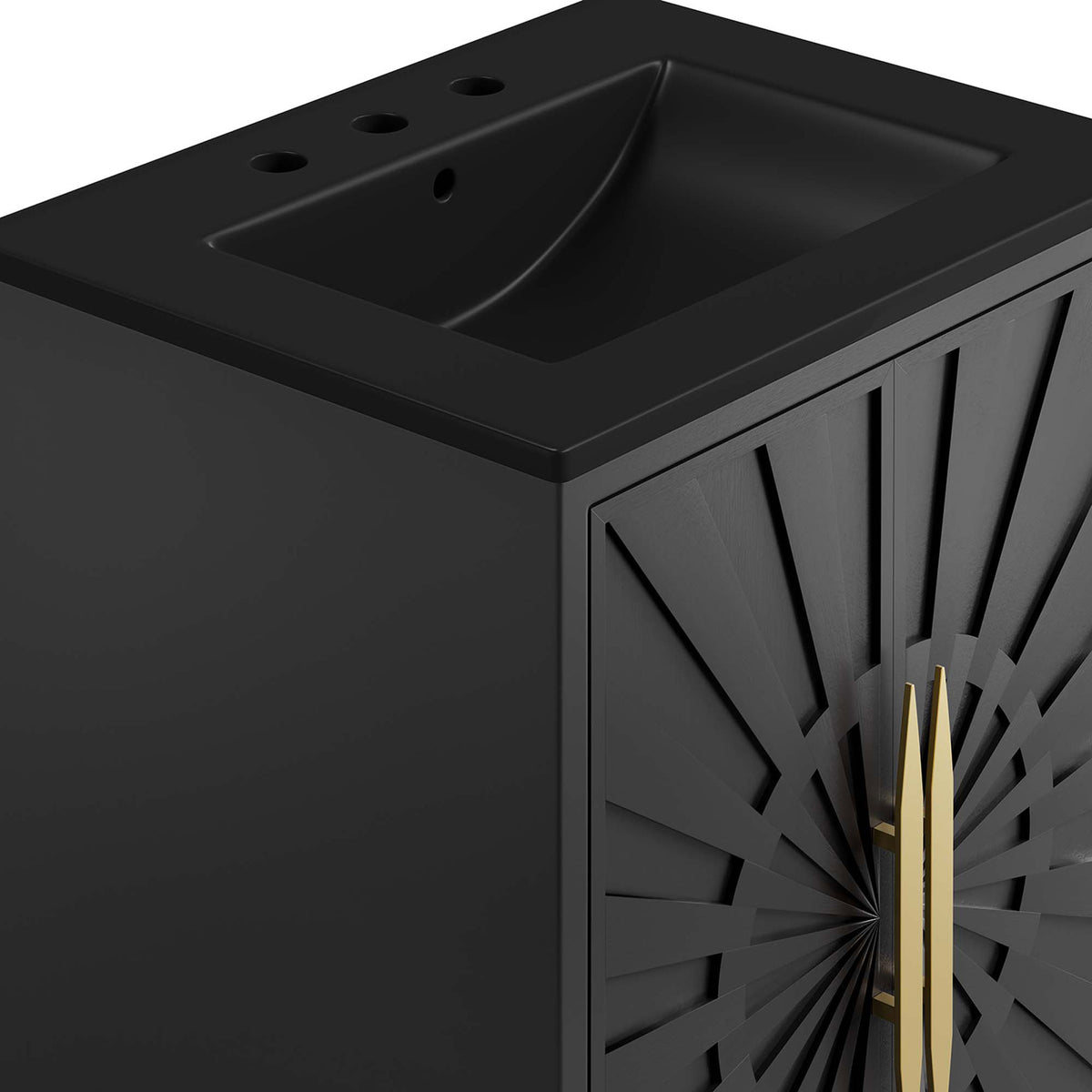 Textured wood grain and matte ceramic basin pair beautifully with gleaming gold pulls || EEI-6291-BLK-BLK || detail_studio