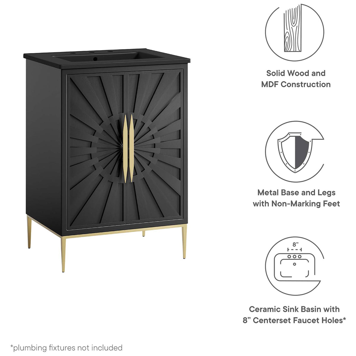 Solid wood construction, metal base with non-marking feet, and ceramic basin with 8 inch holes || EEI-6291-BLK-BLK || callout_studio