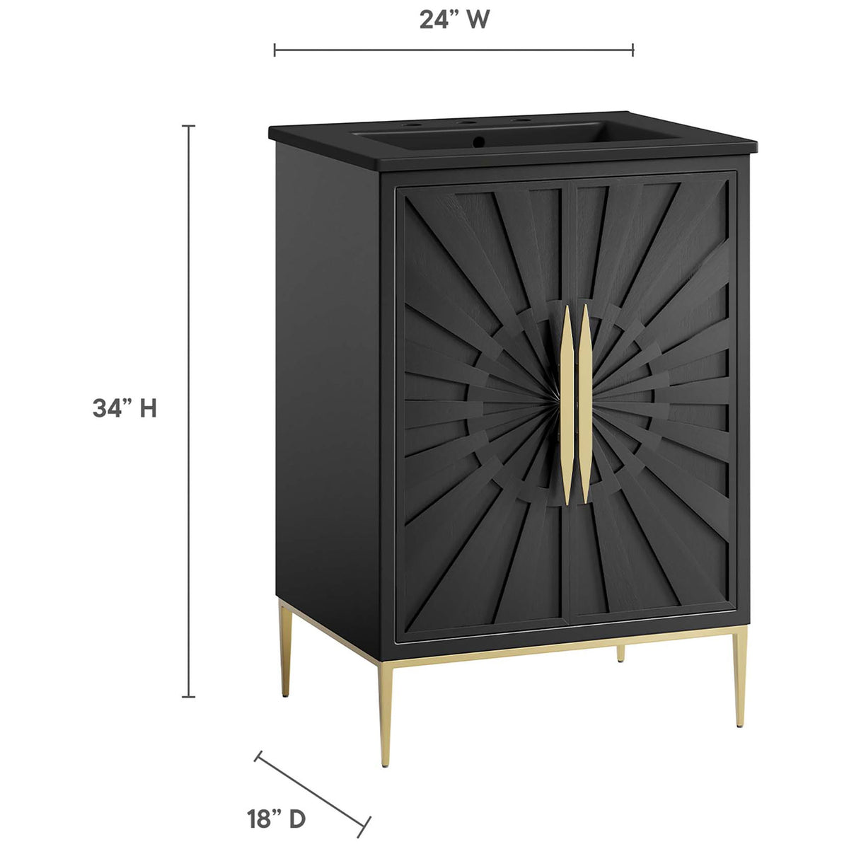 Vanity measures 24 in W x 18 in D x 34 in H for a space saving footprint || EEI-6291-BLK-BLK || dimension_studio