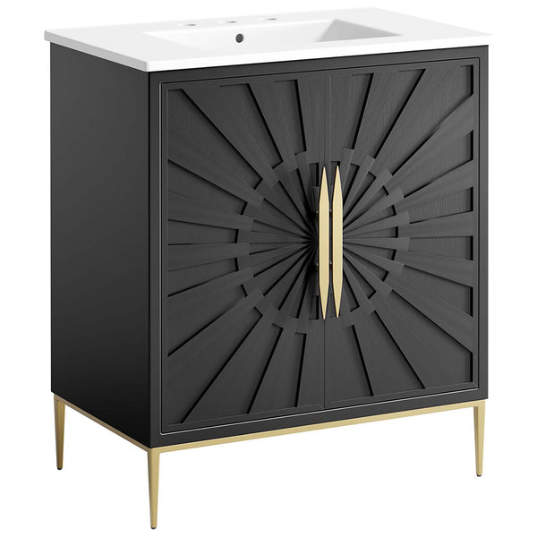 Geometric door detailing adds modern flair atop slender gold legs. || EEI-6293-WHI-BLK || front_angle_studio