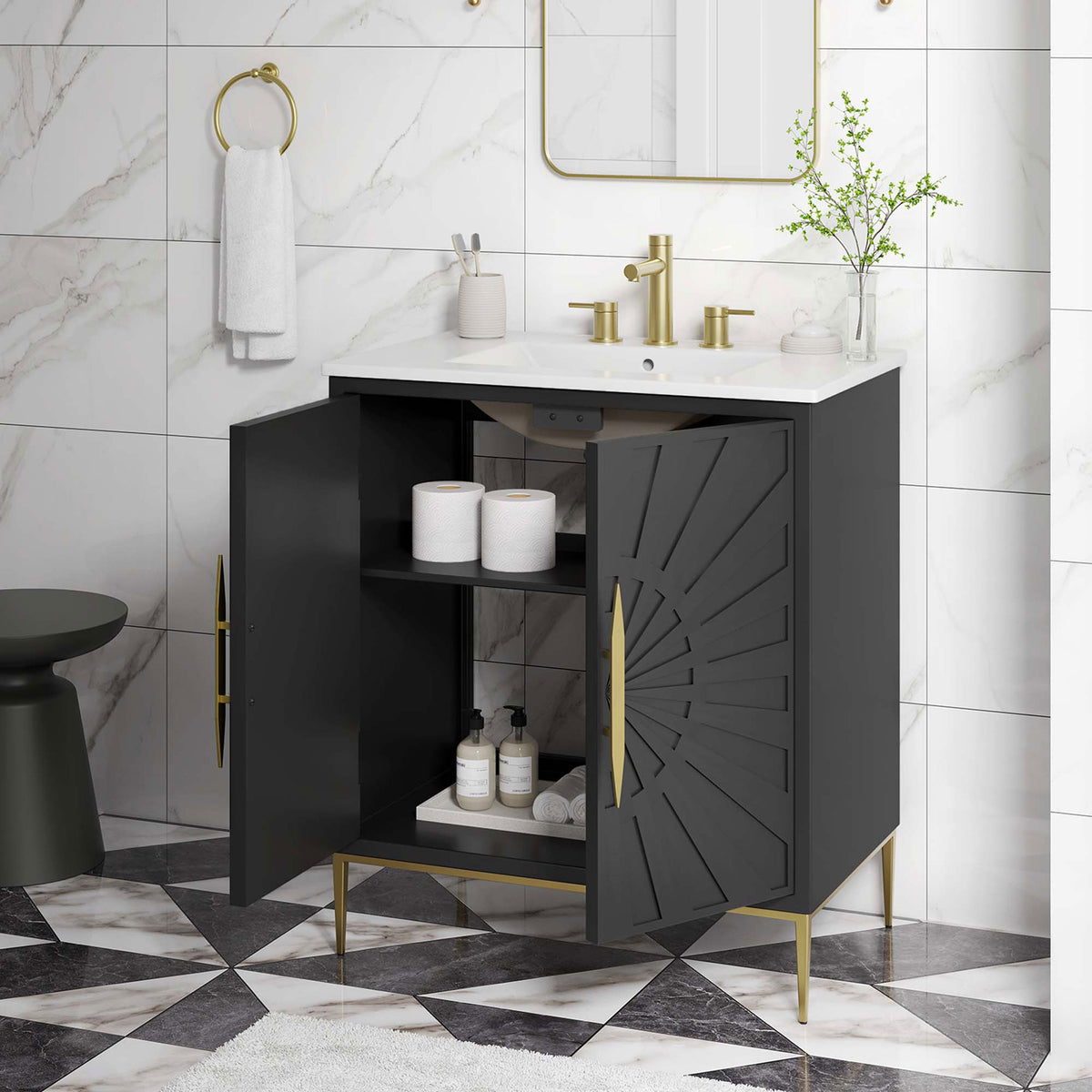 Spacious storage keeps bath staples organized behind designer doors. || EEI-6293-WHI-BLK || front_angle_open_room