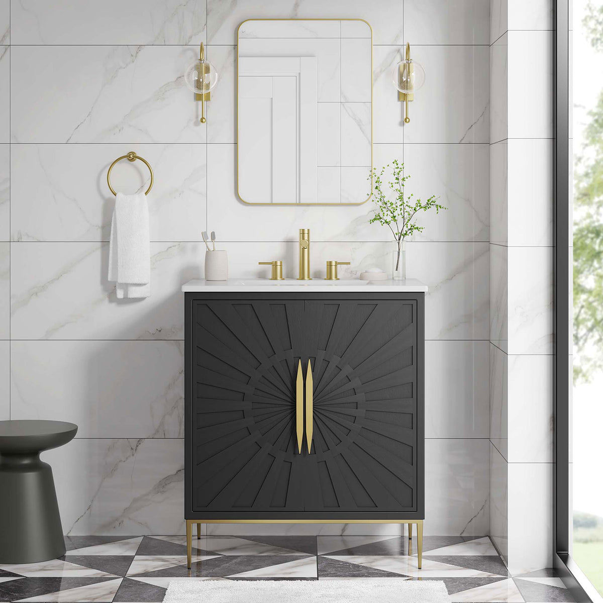 Refined bathroom centerpiece with gold accents and bold, textured doors. || EEI-6293-WHI-BLK || front_room