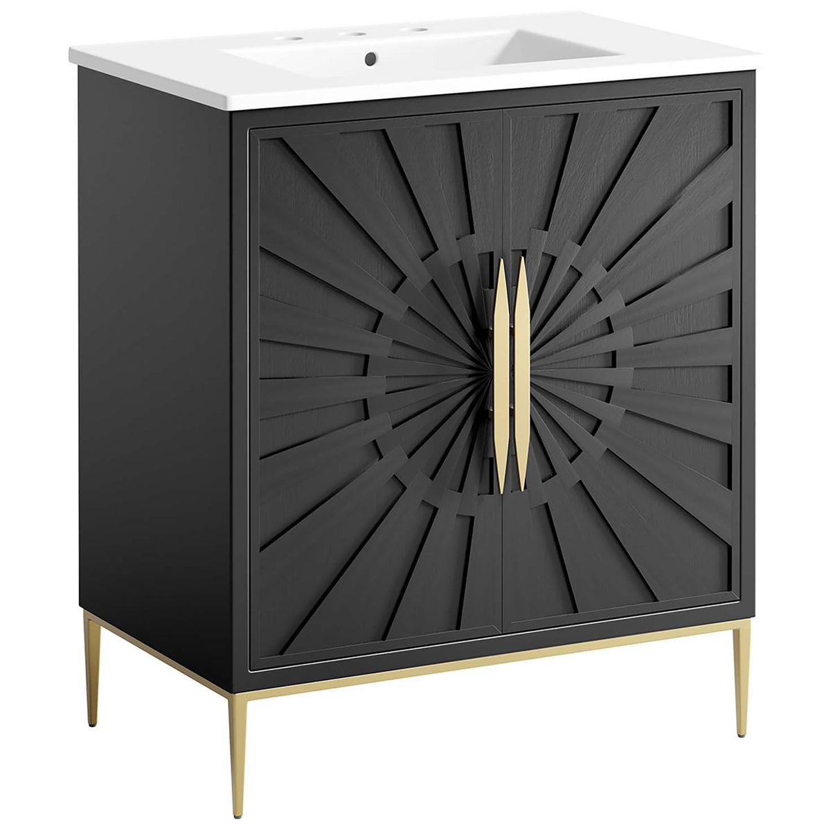 Geometric door detailing adds modern flair atop slender gold legs. || EEI-6293-WHI-BLK || front_angle_studio