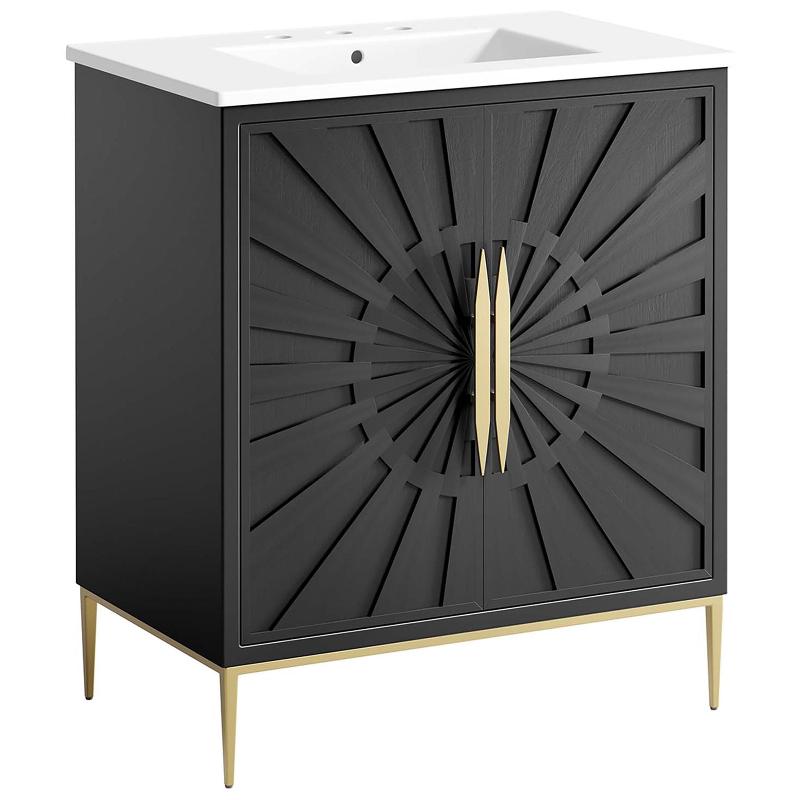 Geometric door detailing adds modern flair atop slender gold legs. || EEI-6293-WHI-BLK || front_angle_studio