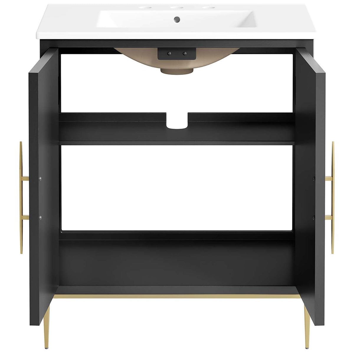Cabinet doors swing wide to a roomy interior with adaptable shelf space. || EEI-6293-WHI-BLK || front_open_studio