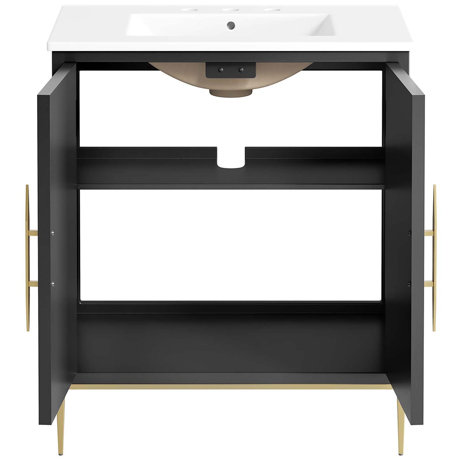Cabinet doors swing wide to a roomy interior with adaptable shelf space. || EEI-6293-WHI-BLK || front_open_studio