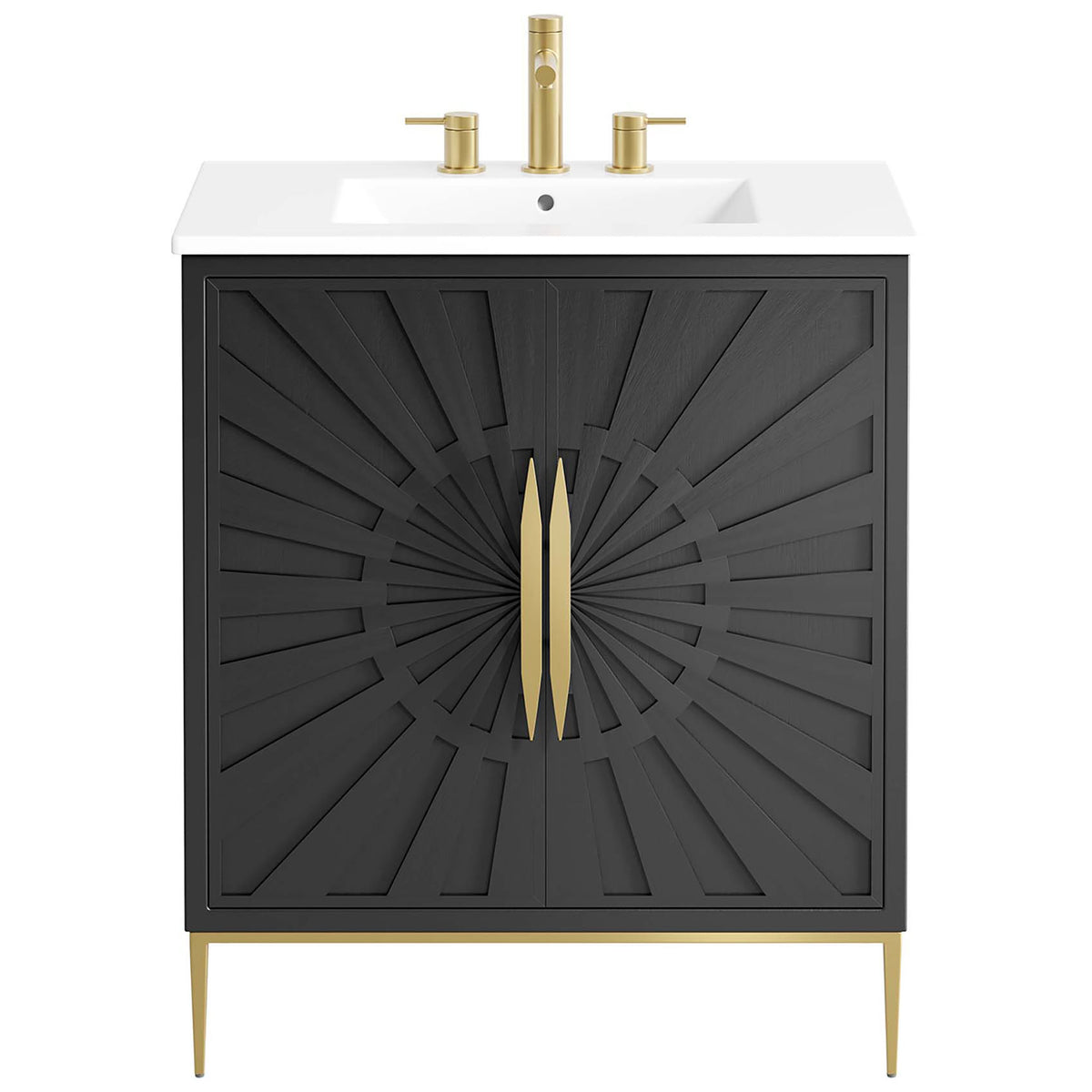 Statement vanity with radiant door pattern, twin gold handles, and a crisp white sink. || EEI-6293-WHI-BLK || front_studio