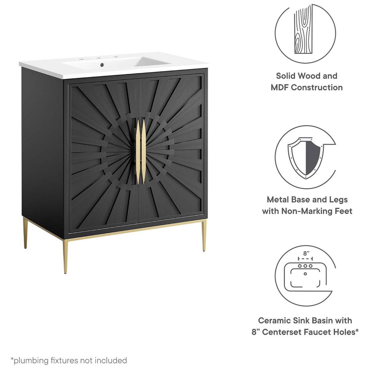Solid wood construction, metal legs with non-marking feet, and a ceramic sink. || EEI-6293-WHI-BLK || callout_studio