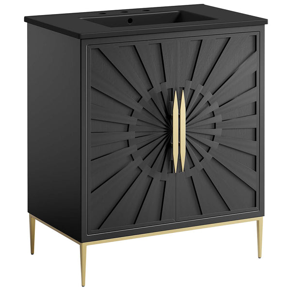 Bold black cabinet showcases sculpted texture with elegant gold pulls and slim legs || EEI-6295-BLK-BLK || front_angle_studio