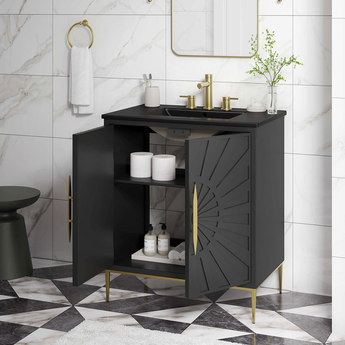 Organized storage keeps countertops clear and the space feeling calm and luxe || EEI-6295-BLK-BLK || front_angle_open_room