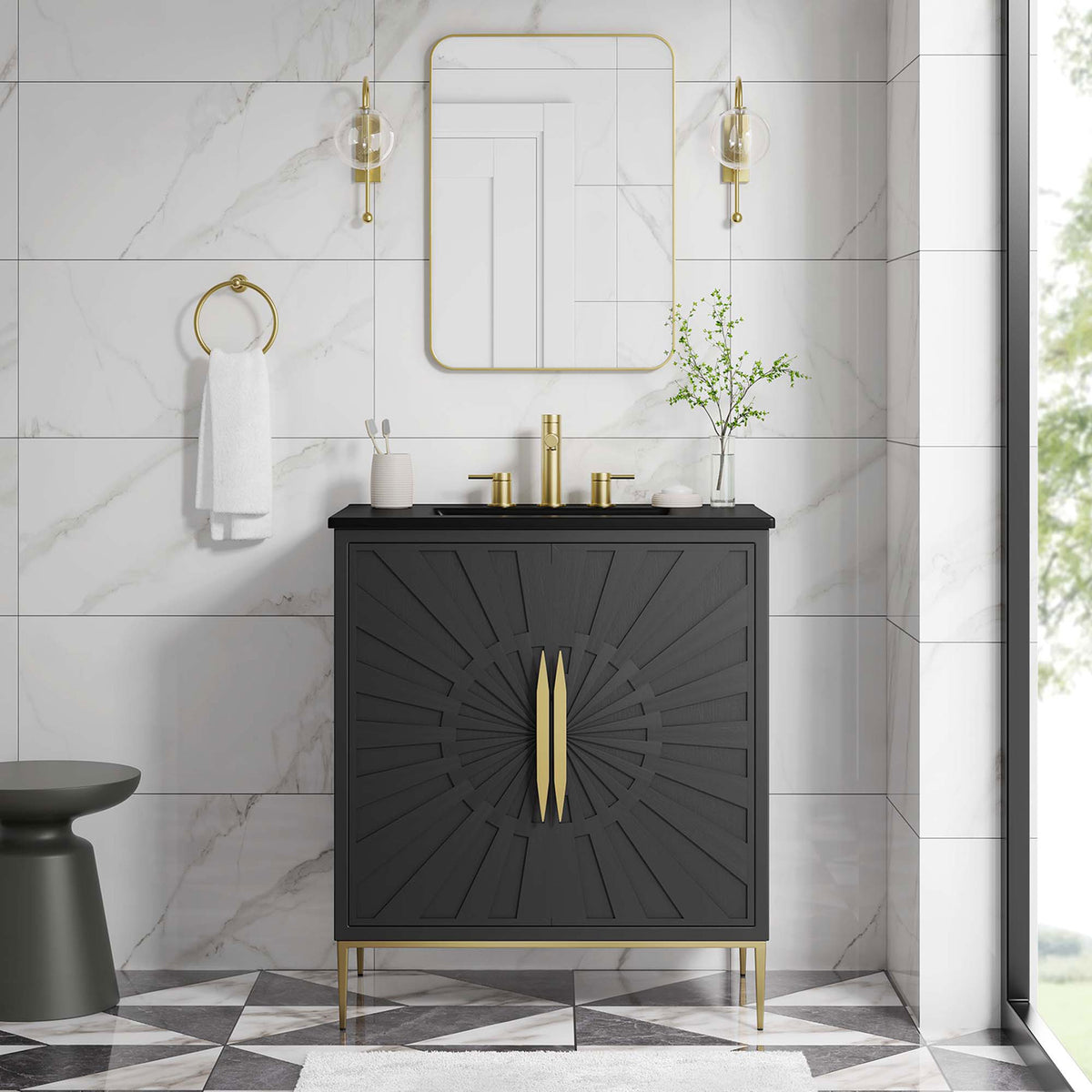 Statement vanity centers the bath with rich black finish and warm gold details || EEI-6295-BLK-BLK || front_room