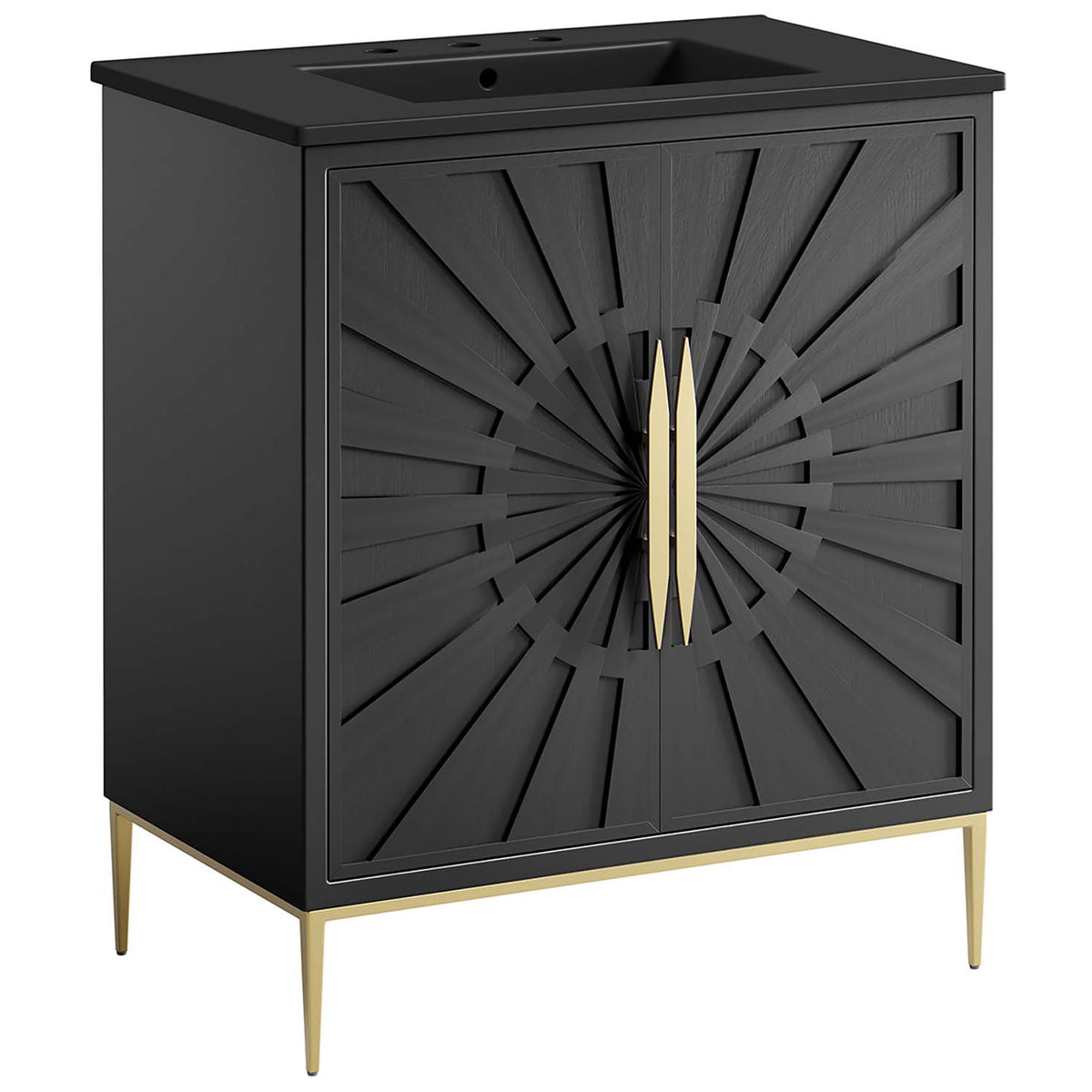 Bold black cabinet showcases sculpted texture with elegant gold pulls and slim legs || EEI-6295-BLK-BLK || front_angle_studio