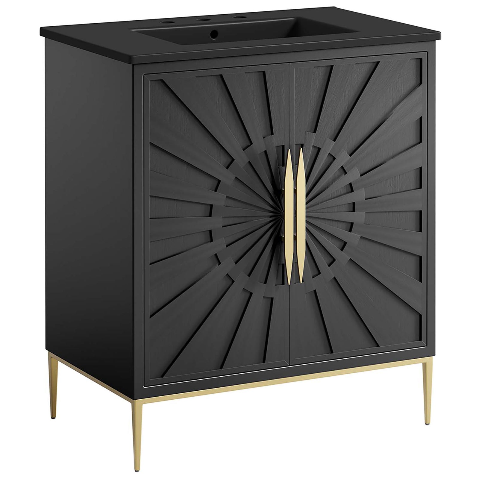 Bold black cabinet showcases sculpted texture with elegant gold pulls and slim legs || EEI-6295-BLK-BLK || front_angle_studio