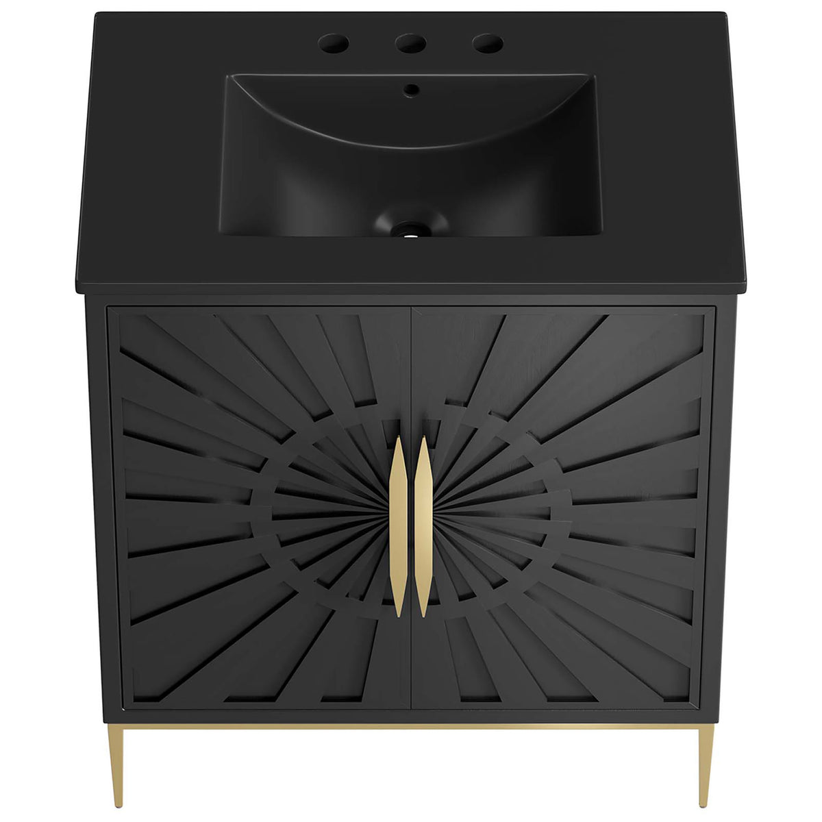 Ceramic basin with 8 inch widespread holes tops a sleek, seamless counter surface || EEI-6295-BLK-BLK || top_studio