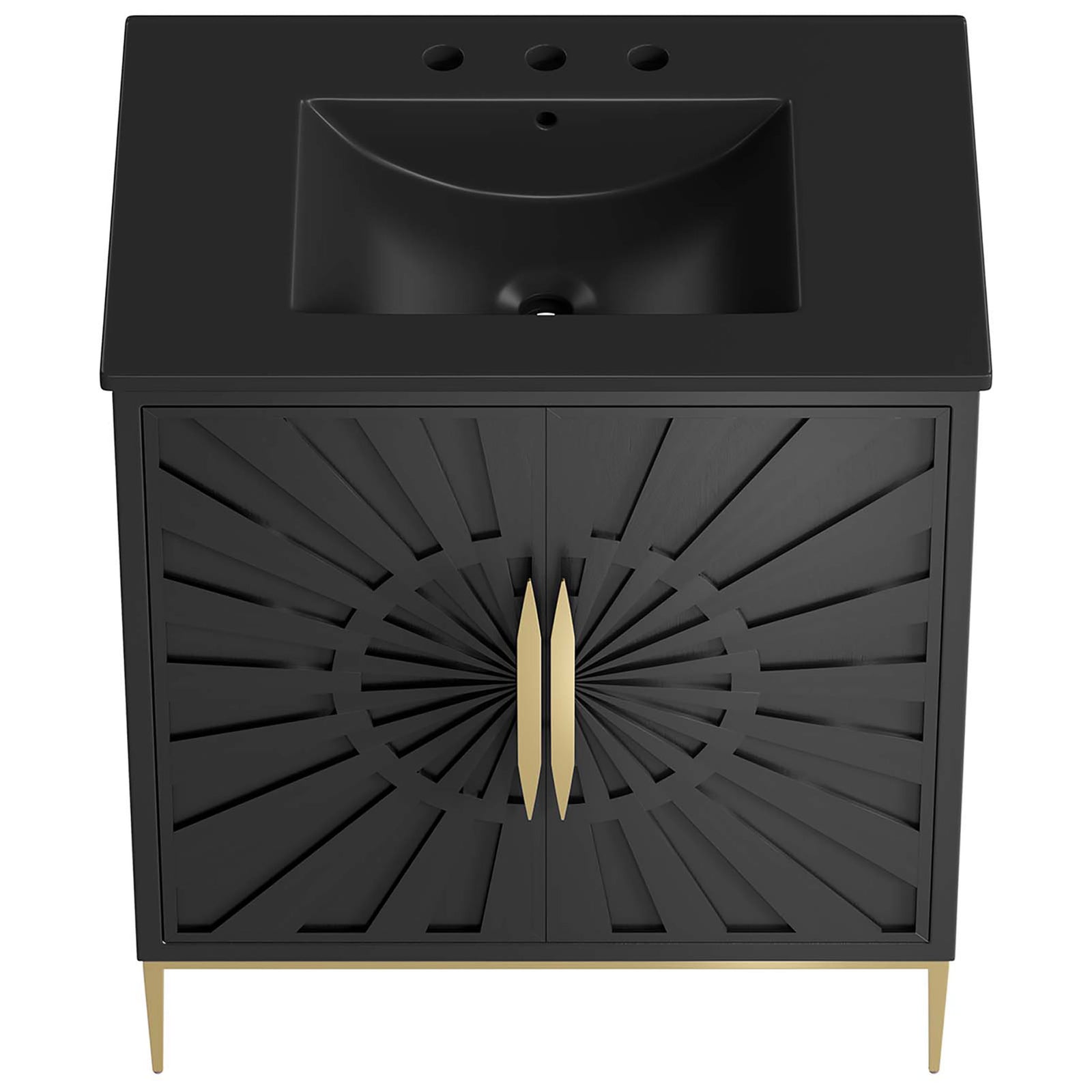 Ceramic basin with 8 inch widespread holes tops a sleek, seamless counter surface || EEI-6295-BLK-BLK || top_studio