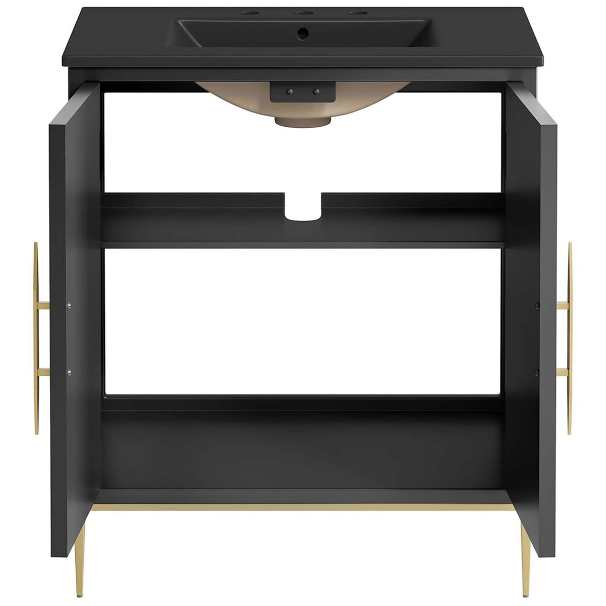 Double doors open to wide shelves for towels, bottles, and everyday bath essentials || EEI-6295-BLK-BLK || front_open_studio