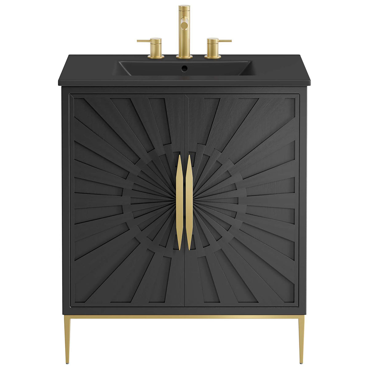 Radiant sunburst doors and gold hardware bring elevated glam to this black vanity || EEI-6295-BLK-BLK || front_studio