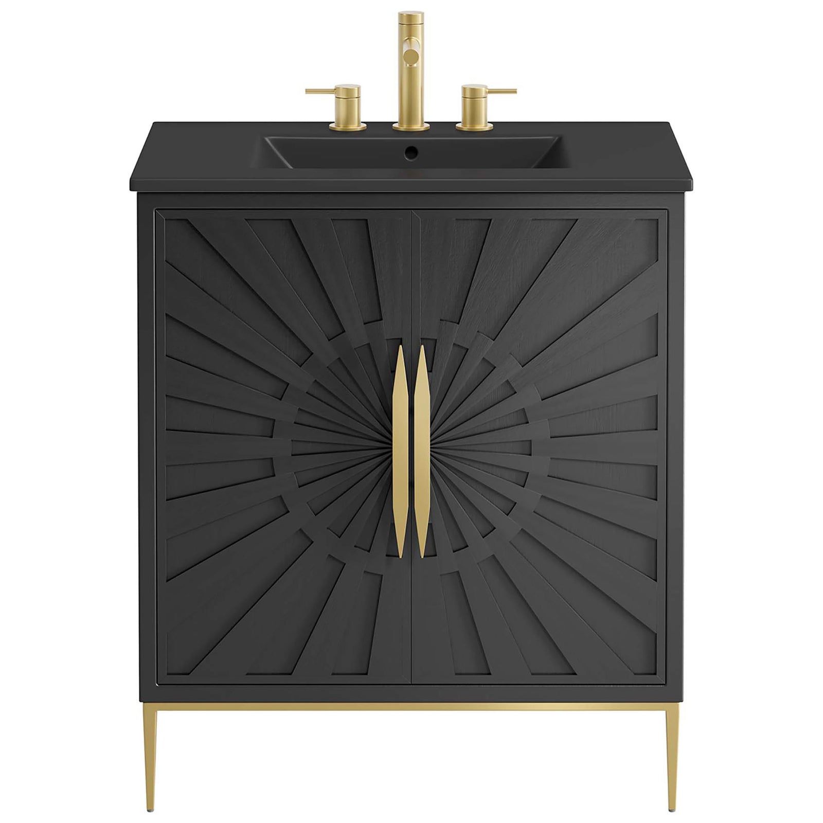 Radiant sunburst doors and gold hardware bring elevated glam to this black vanity || EEI-6295-BLK-BLK || front_studio