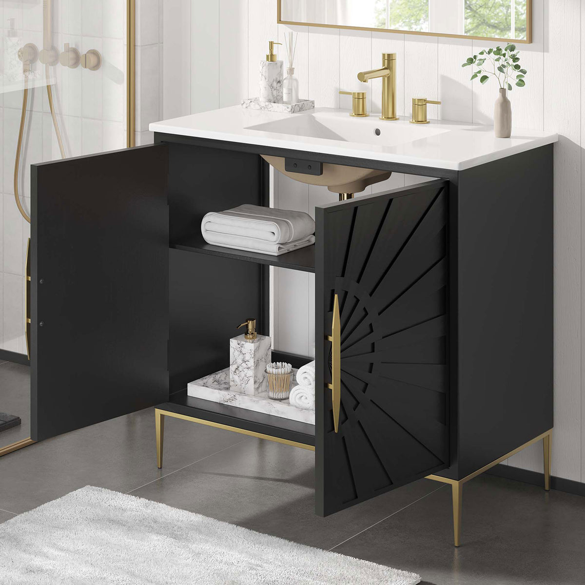Everyday essentials stay tidy inside the roomy, shelf-equipped cabinet. || EEI-6297-WHI-BLK || front_angle_open_room