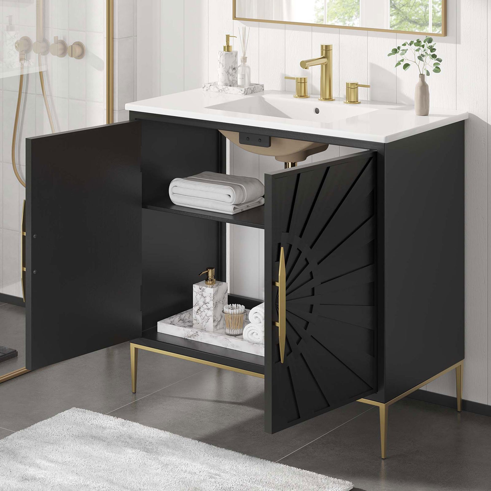 Everyday essentials stay tidy inside the roomy, shelf-equipped cabinet. || EEI-6297-WHI-BLK || front_angle_open_room