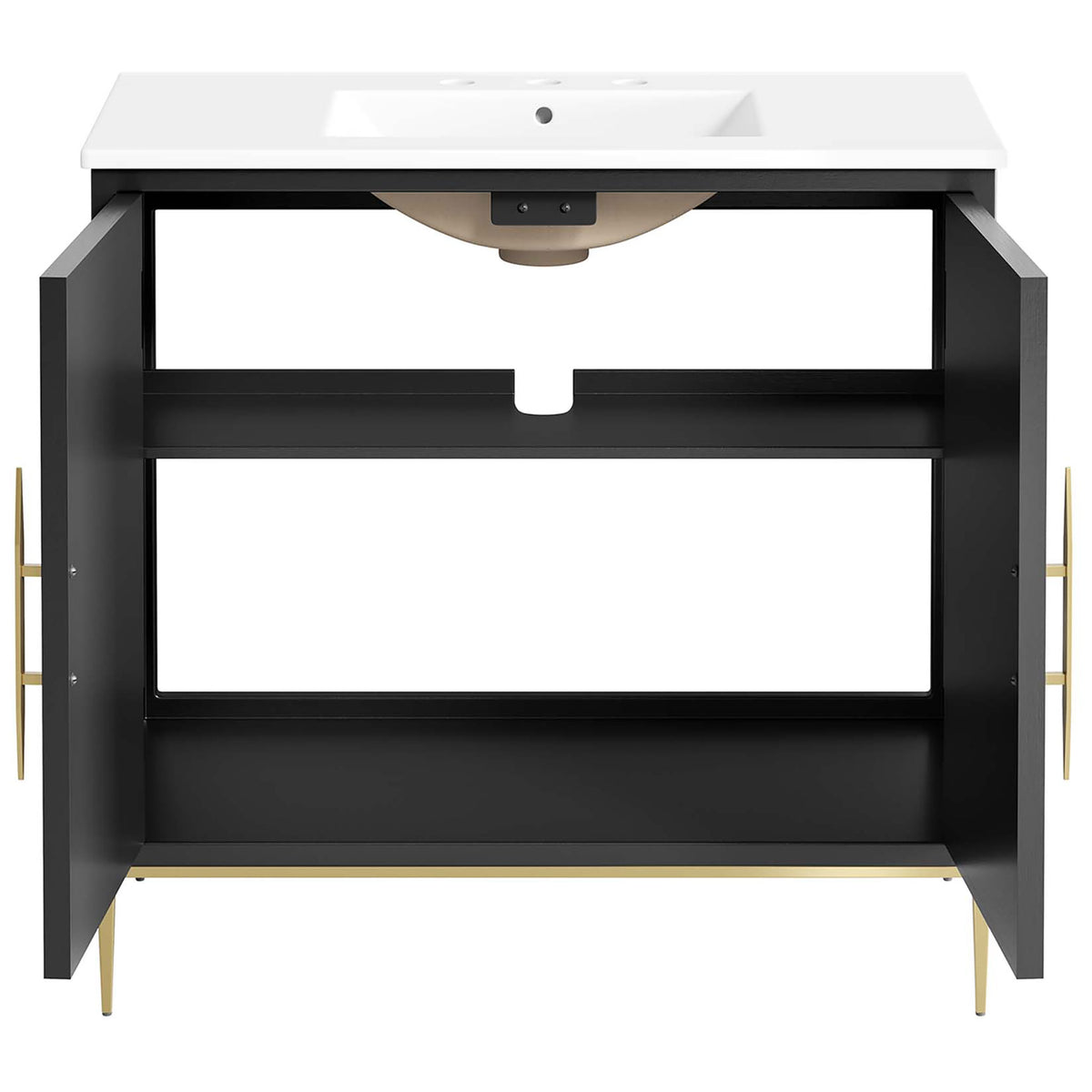 Wide cabinet opening reveals generous storage for towels and supplies. || EEI-6297-WHI-BLK || front_open_studio
