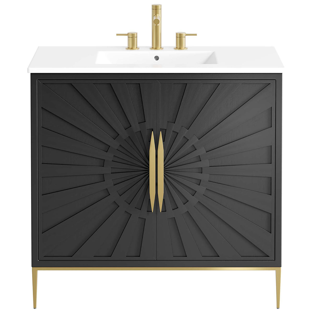 Elegant vanity features a dramatic sunburst facade, gold pulls, and a bright ceramic top. || EEI-6297-WHI-BLK || front_studio