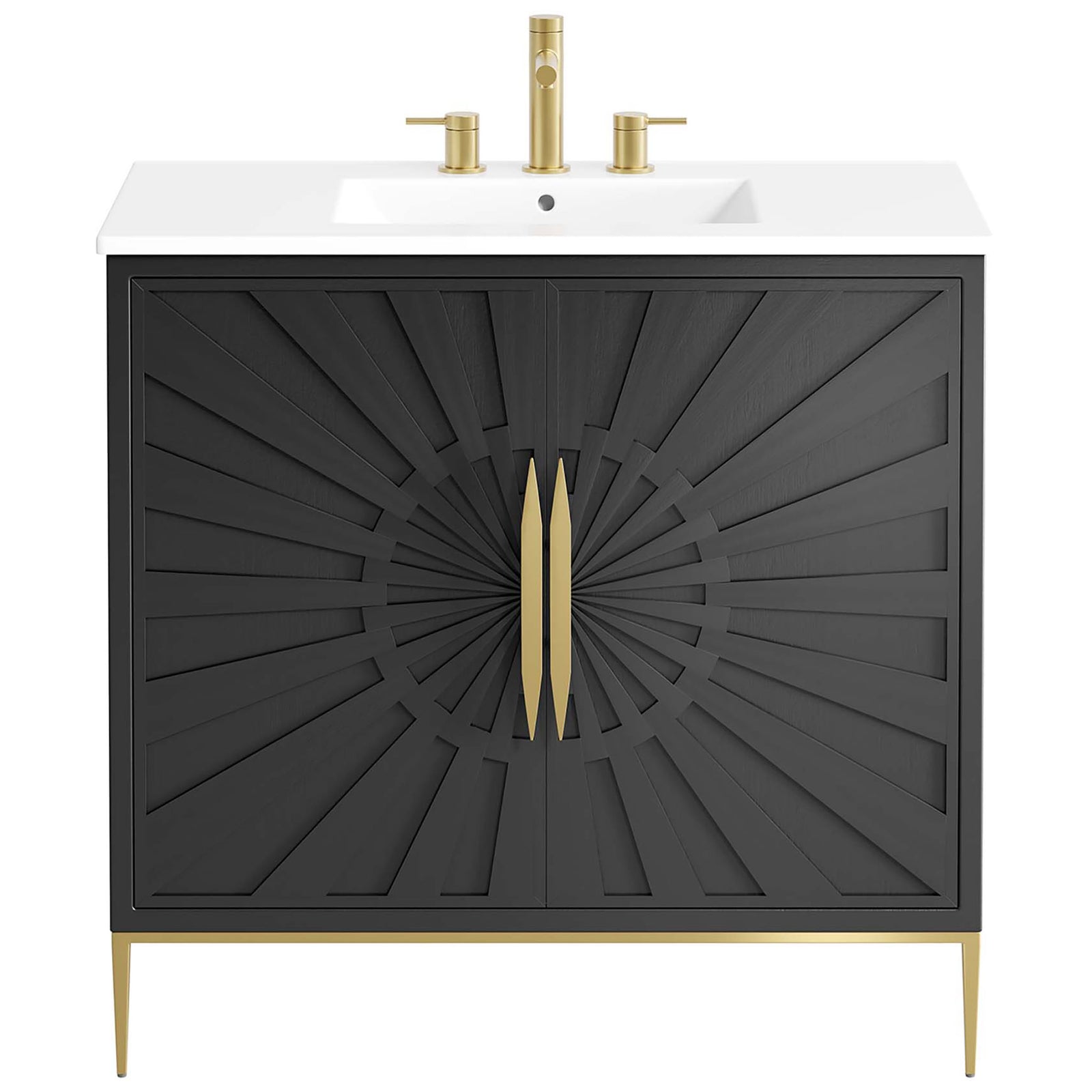 Elegant vanity features a dramatic sunburst facade, gold pulls, and a bright ceramic top. || EEI-6297-WHI-BLK || front_studio