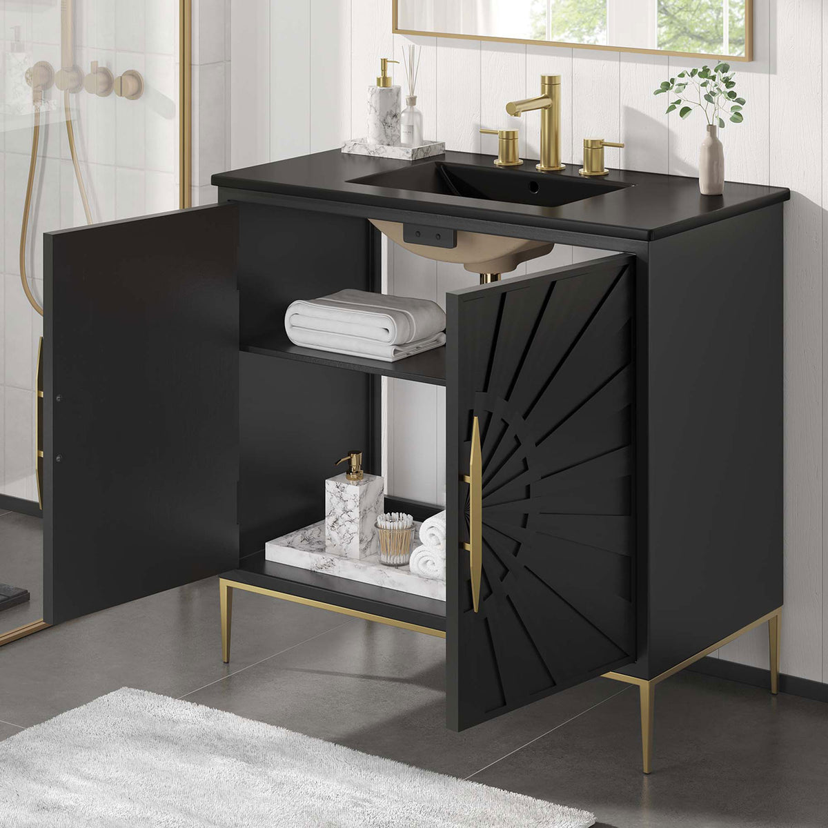 Ample interior organization keeps the bathroom tidy and effortless || EEI-6299-BLK-BLK || front_angle_open_room