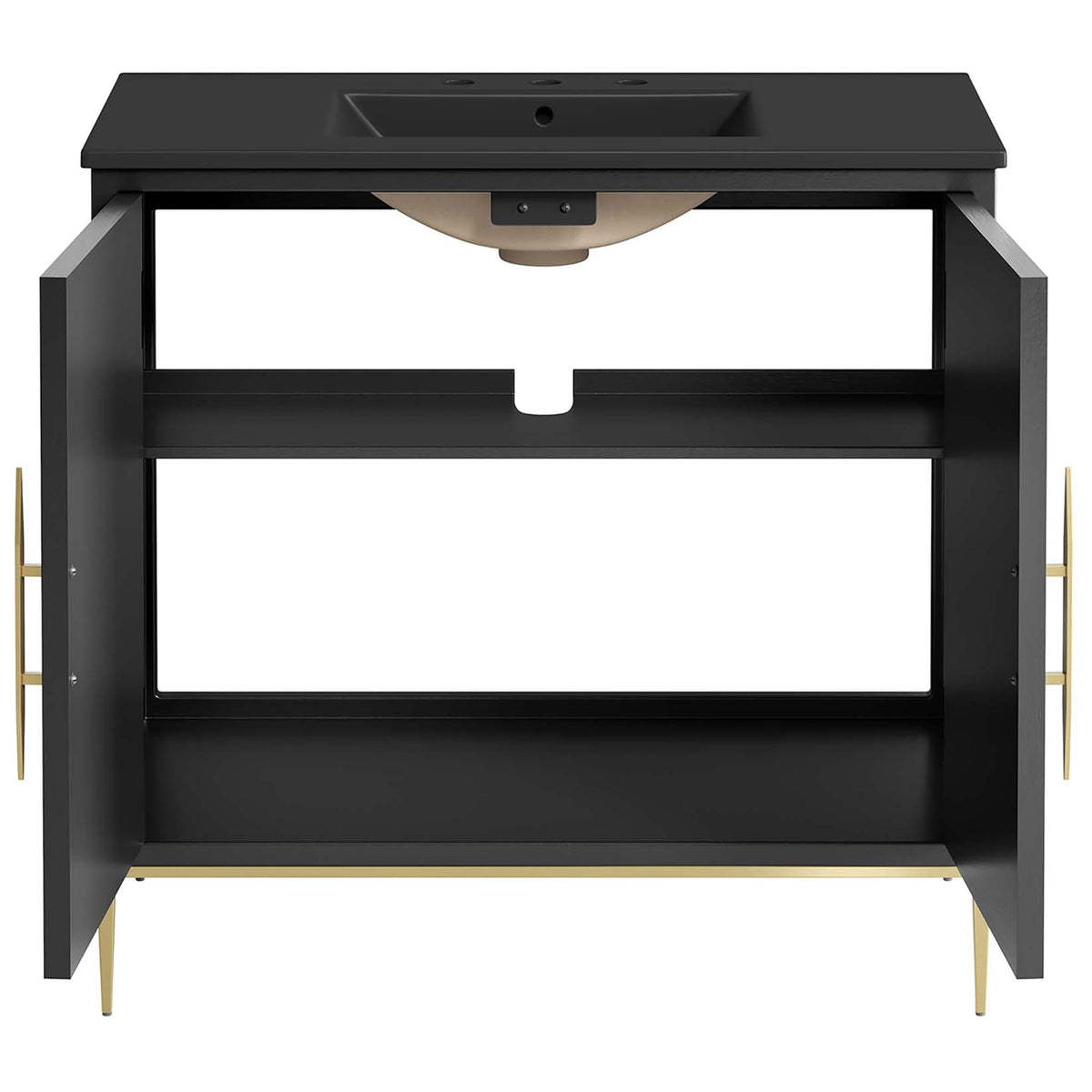Spacious shelves behind twin doors keep linens and supplies neatly arranged || EEI-6299-BLK-BLK || front_open_studio